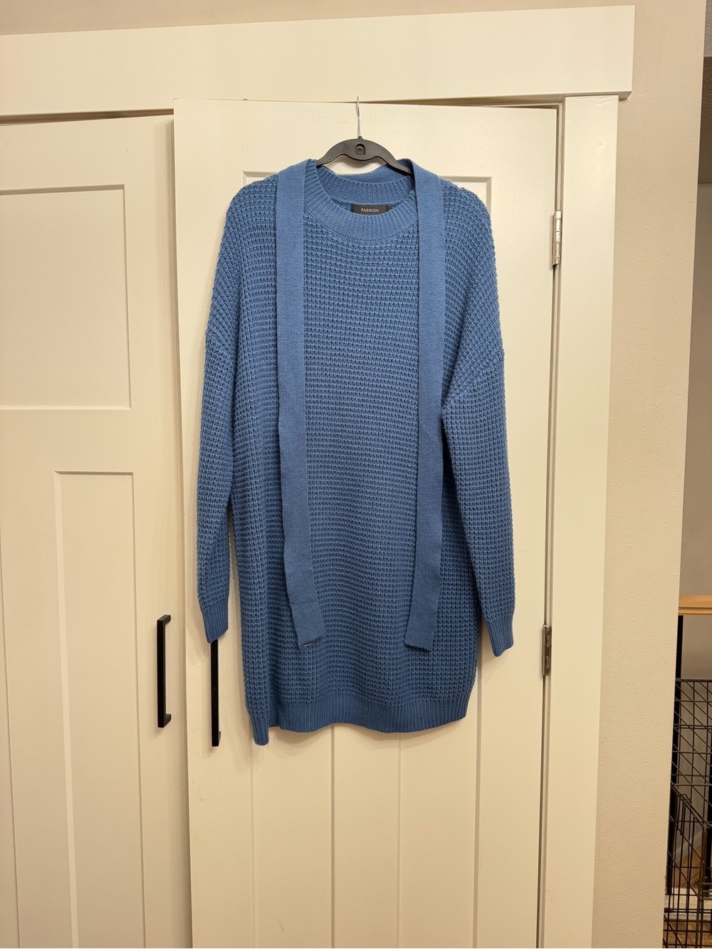 Blue Knit Sweater Dress with Tie Detail